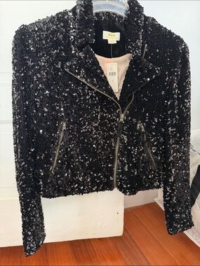 Maeve Black Sequined Zip Moto Jacket Anthropologie